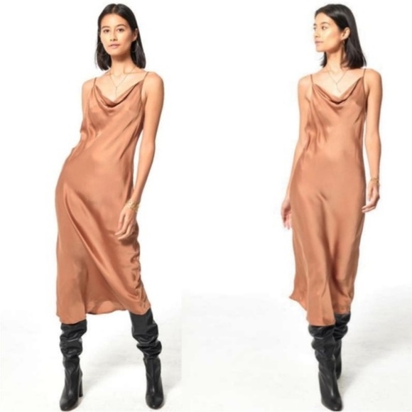 Young Fabulous & Broke Evie Midi Slip Dress Medium brown bronze satin feminine